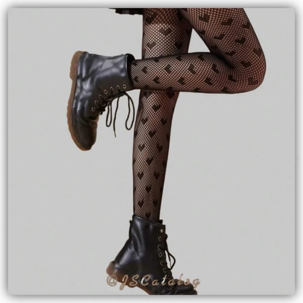 Heart Patterned Mesh Black Tights